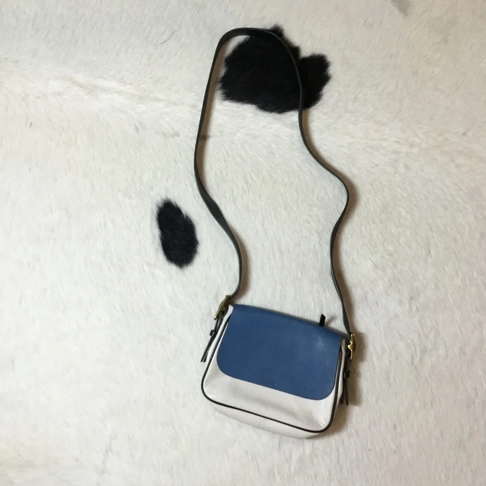 Fossil Harper Small Saddle Crossbody bag, blue and white leather design.
